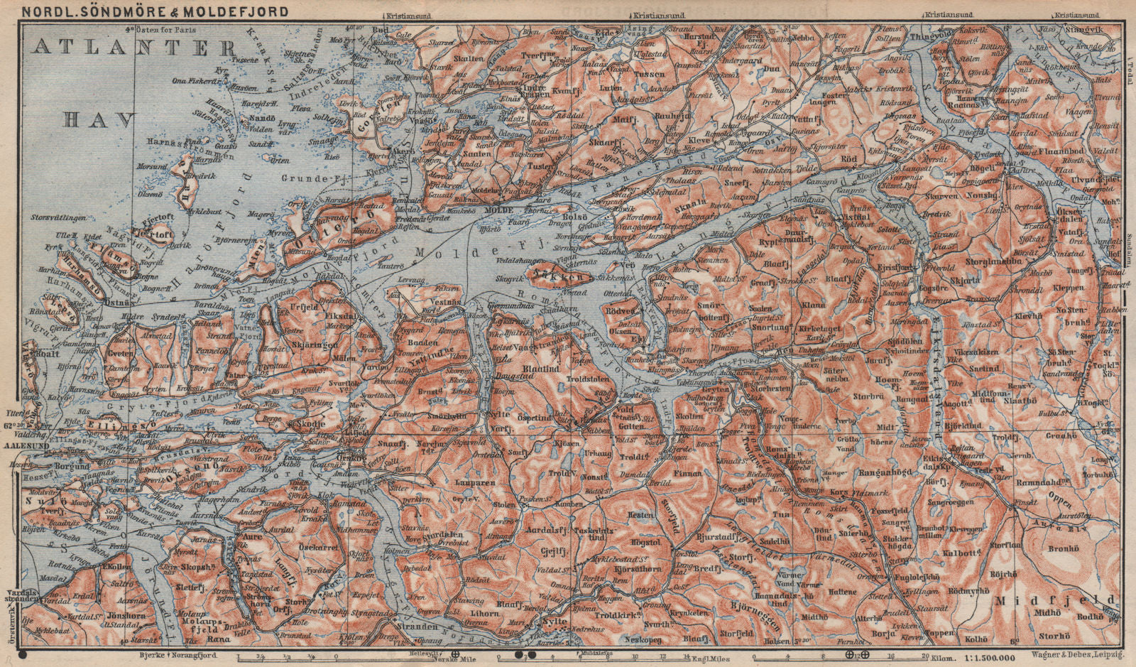 NORTHERN SONDMERE/Sunnmøre & MOLDE FJORD. Alesund. Topo-map. Norway 1899